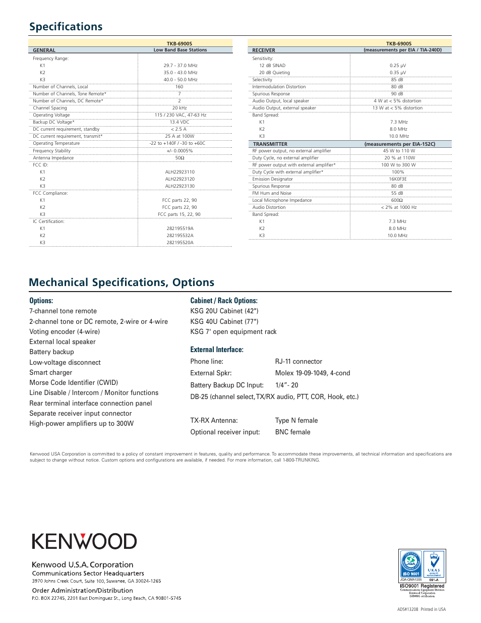 Specifications mechanical specifications, options, Options, Cabinet / rack options | External interface | Kenwood TKB-6900S User Manual | Page 2 / 2