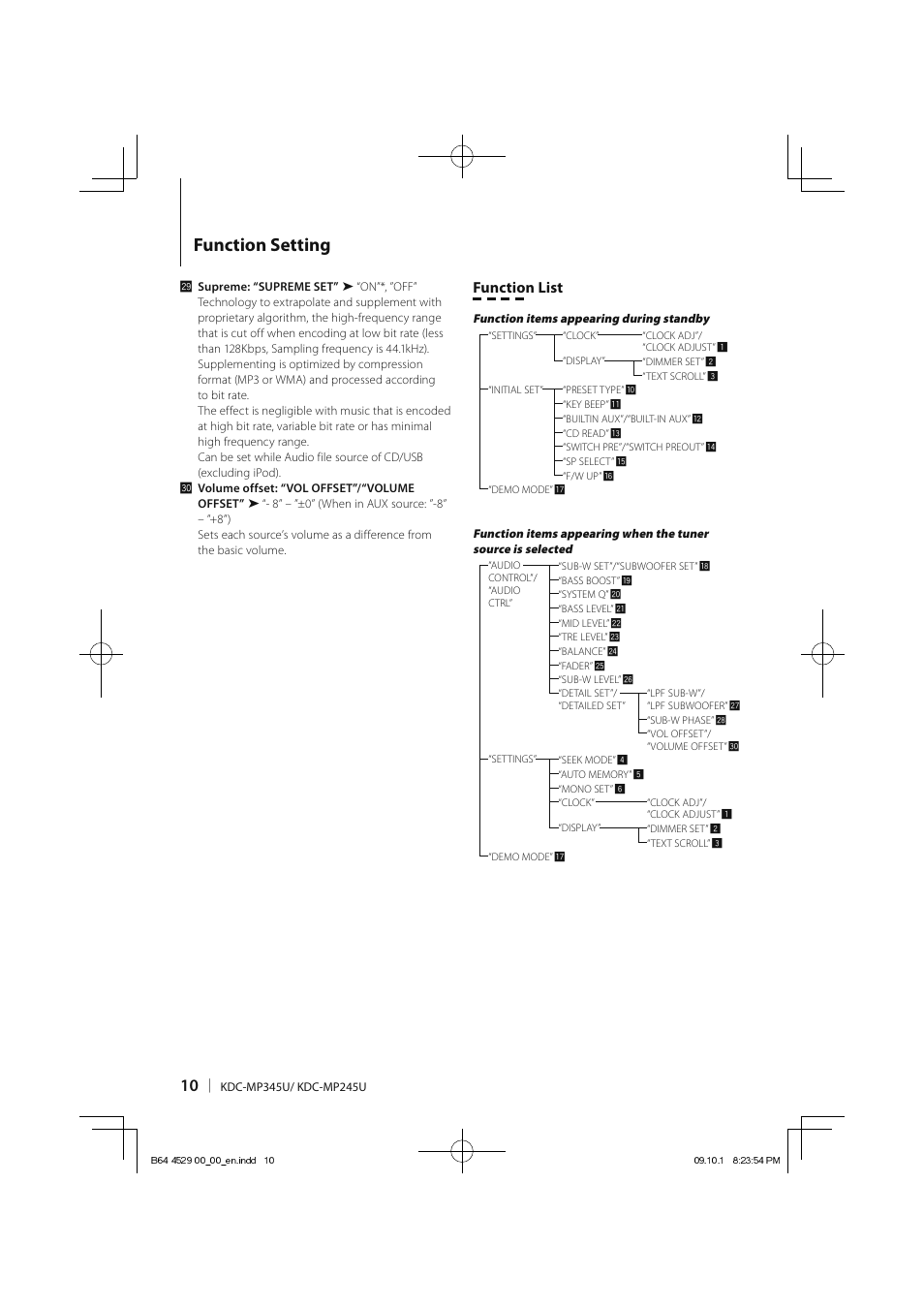 Function setting, Function list | Kenwood KDC-MP345U User Manual | Page 10 / 68