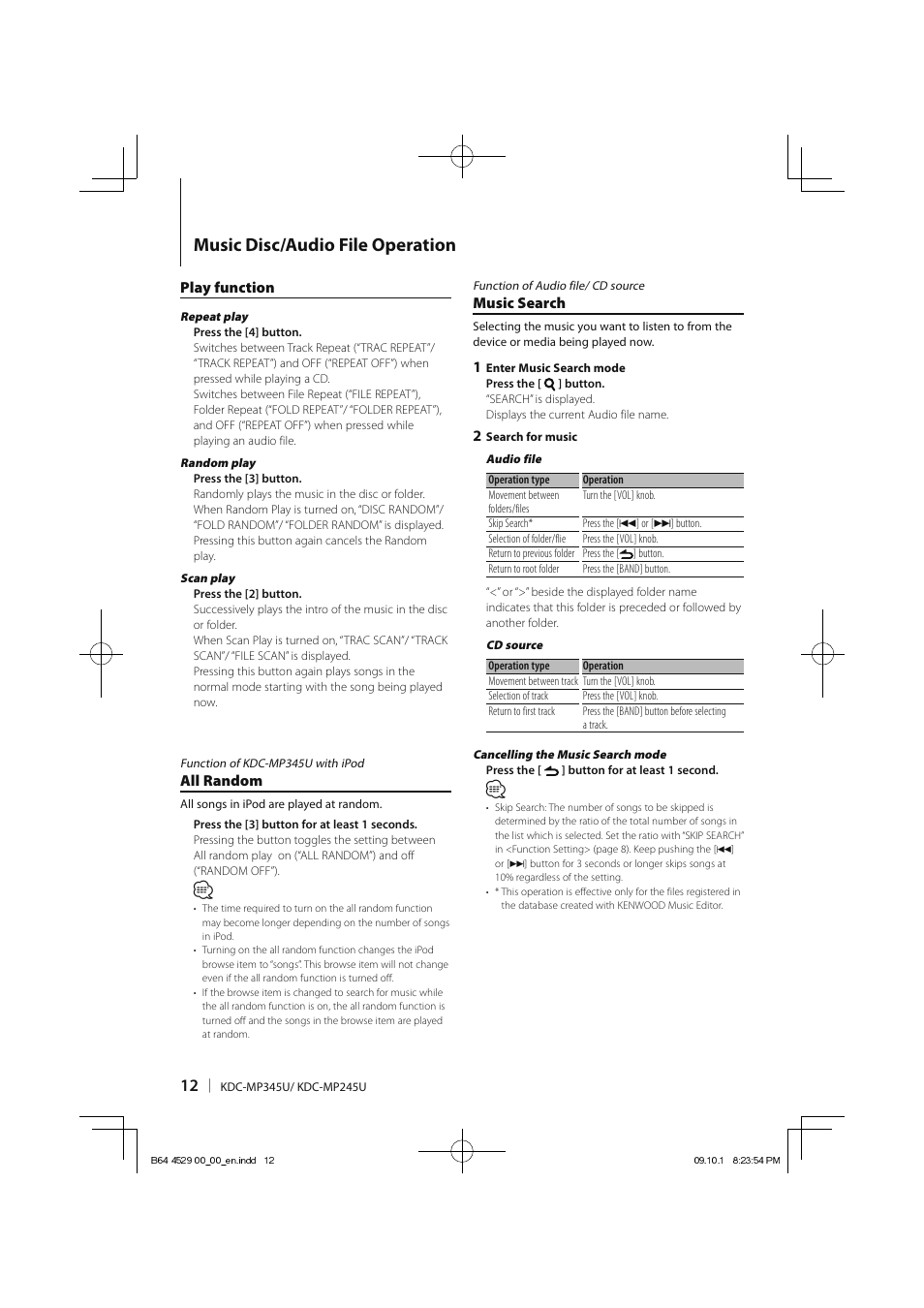 Music disc/audio file operation | Kenwood KDC-MP345U User Manual | Page 12 / 68