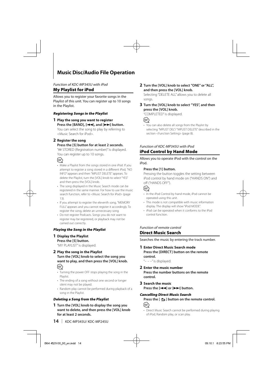 Music disc/audio file operation | Kenwood KDC-MP345U User Manual | Page 14 / 68