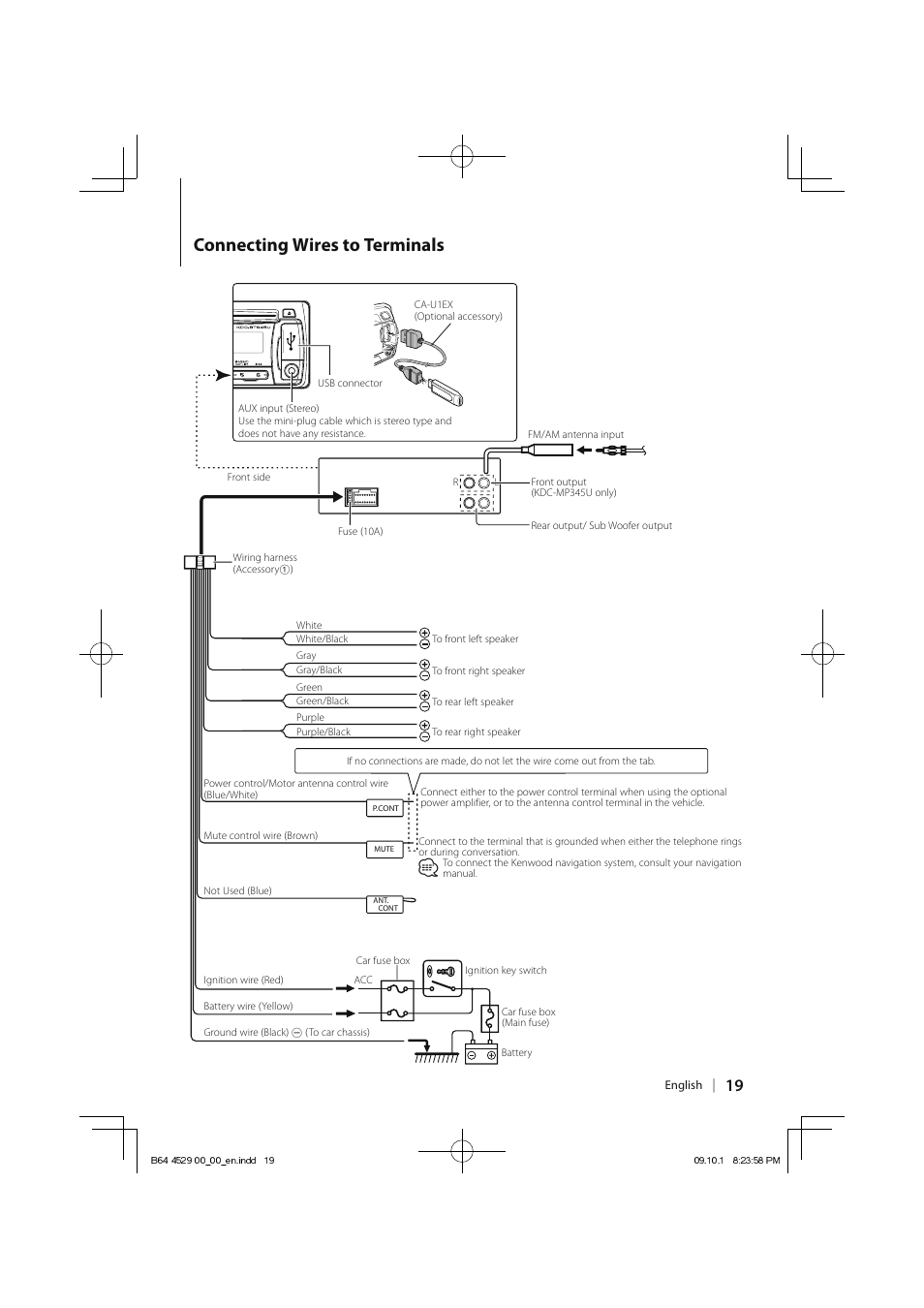 Connecting wires to terminals | Kenwood KDC-MP345U User Manual | Page 19 / 68