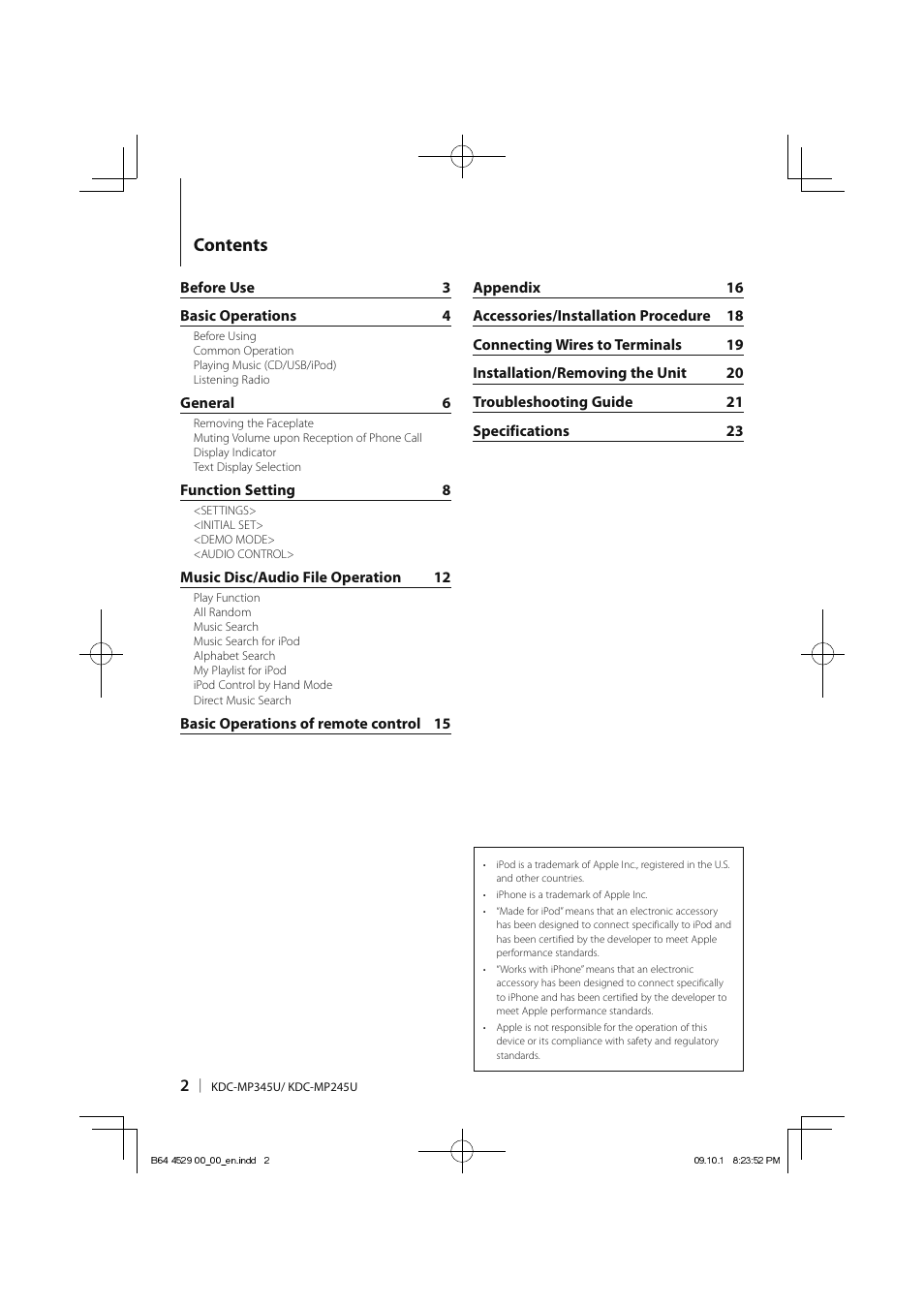 Kenwood KDC-MP345U User Manual | Page 2 / 68