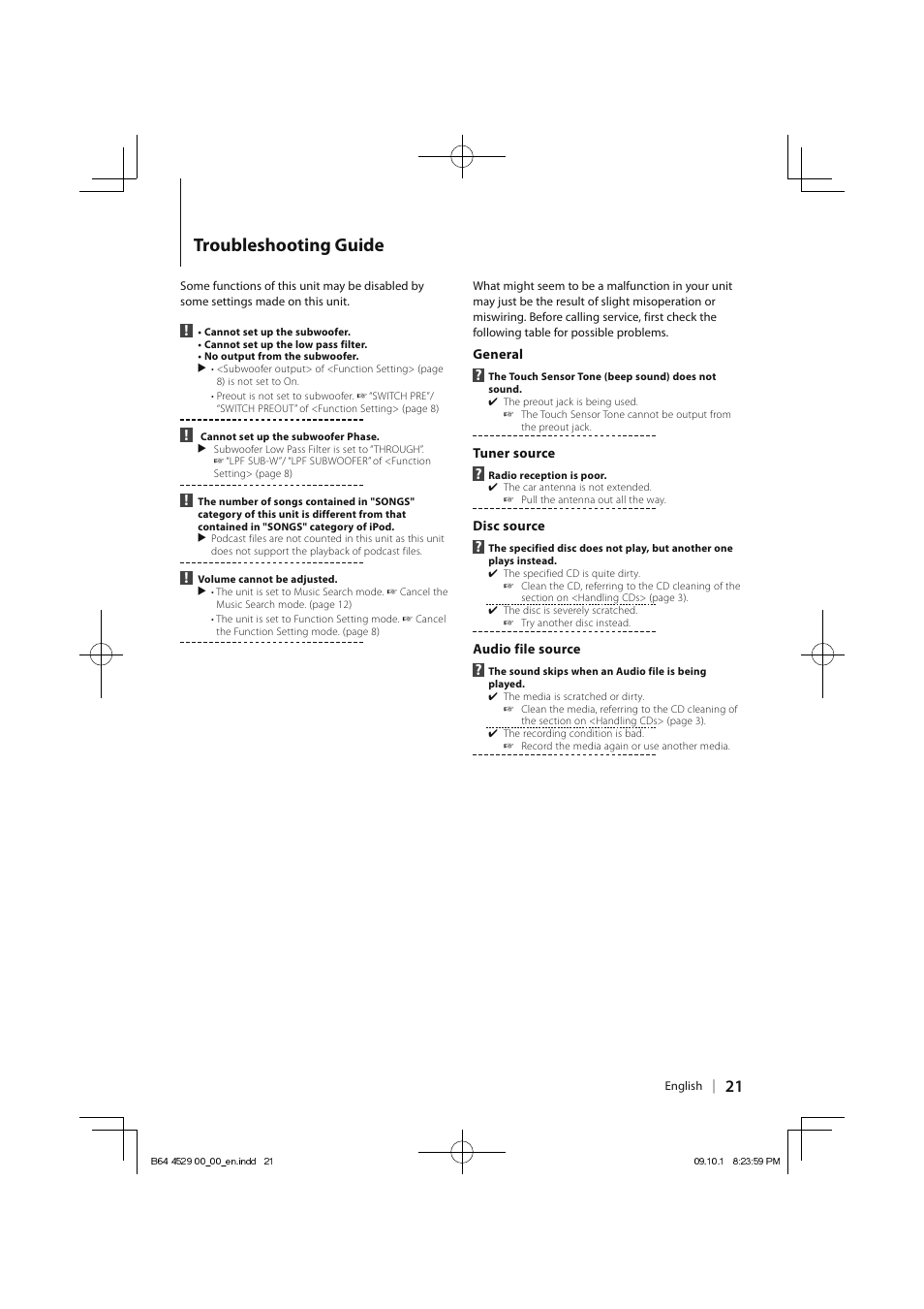 Troubleshooting guide | Kenwood KDC-MP345U User Manual | Page 21 / 68