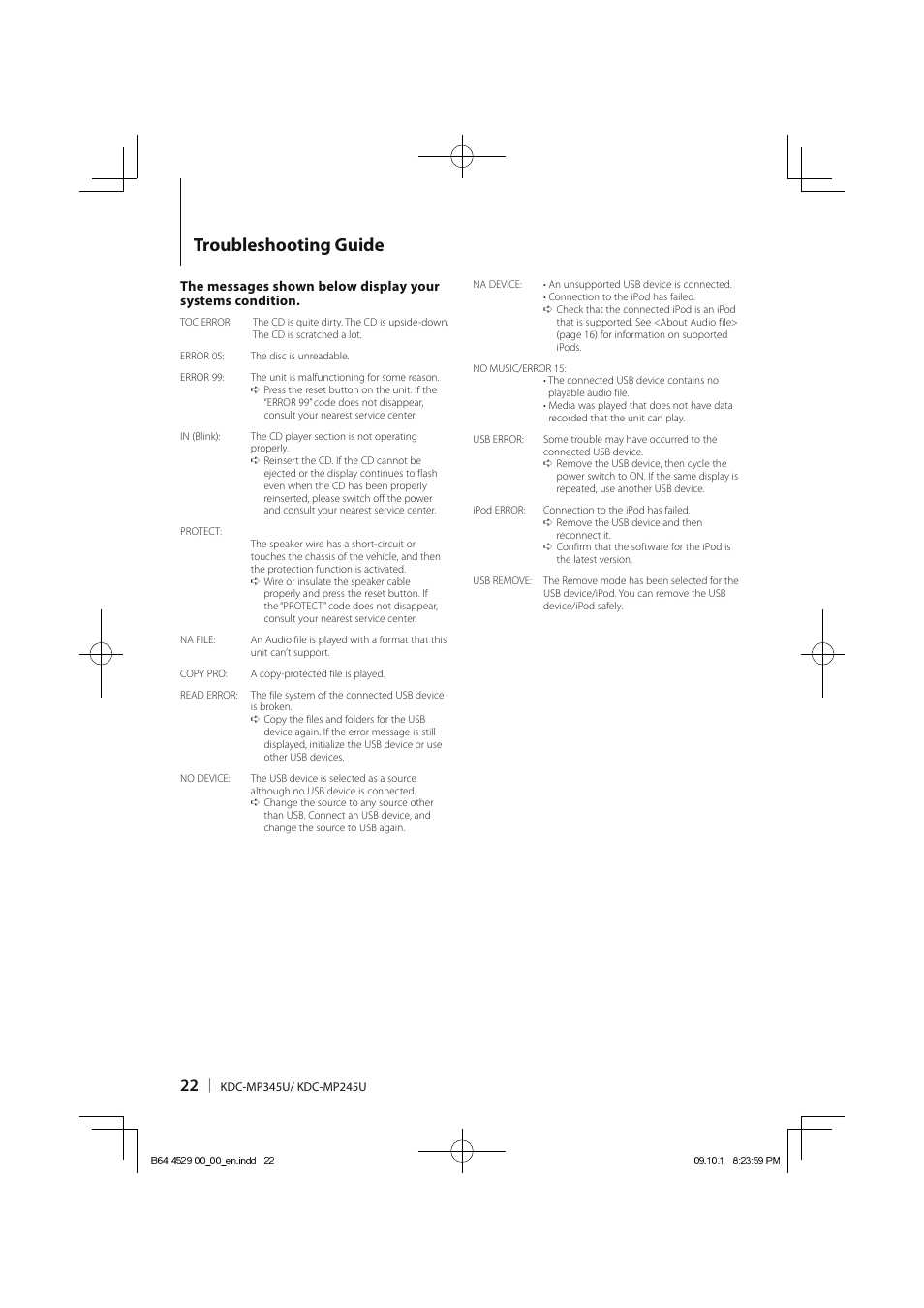 Troubleshooting guide | Kenwood KDC-MP345U User Manual | Page 22 / 68