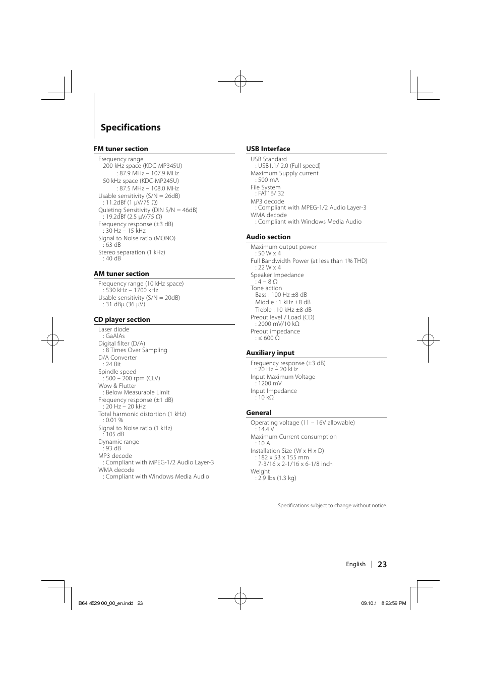 Specifications | Kenwood KDC-MP345U User Manual | Page 23 / 68