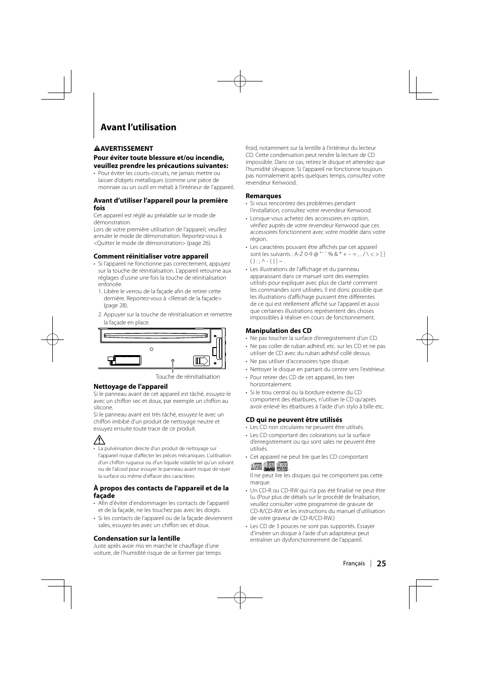 Avant l’utilisation | Kenwood KDC-MP345U User Manual | Page 25 / 68