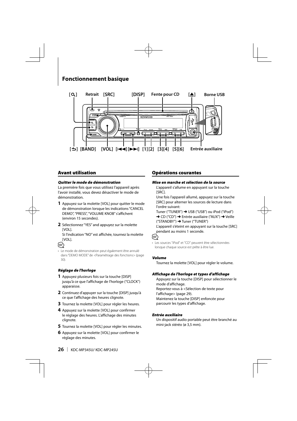 Fonctionnement basique | Kenwood KDC-MP345U User Manual | Page 26 / 68