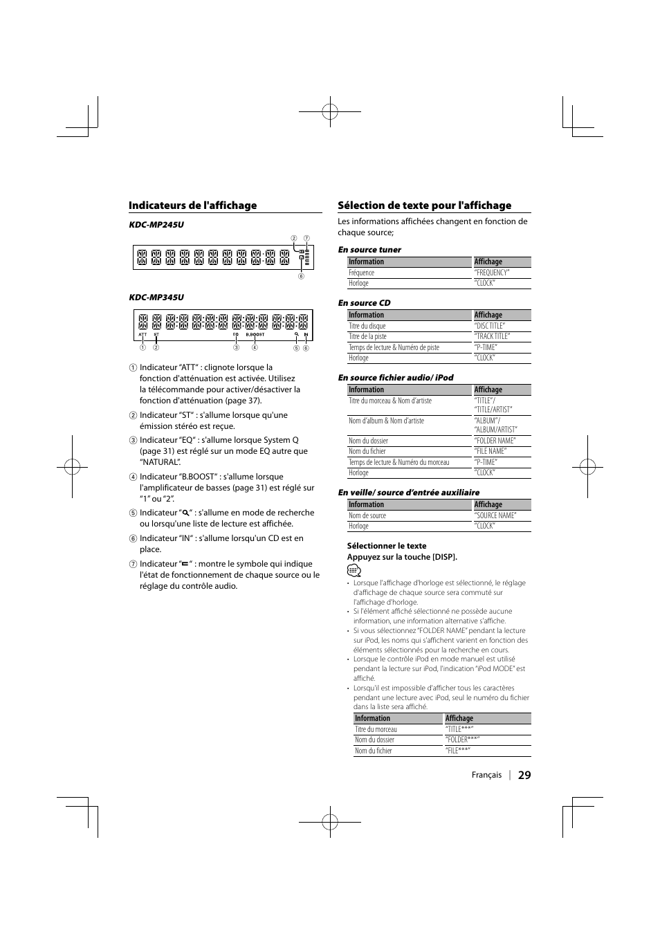 Indicateurs de l'affichage, Sélection de texte pour l'affichage | Kenwood KDC-MP345U User Manual | Page 29 / 68