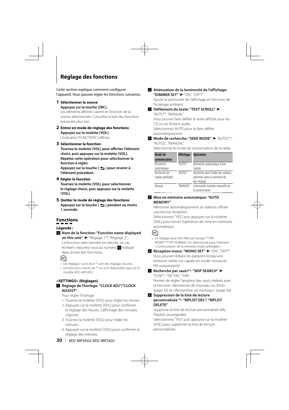 Réglage des fonctions | Kenwood KDC-MP345U User Manual | Page 30 / 68