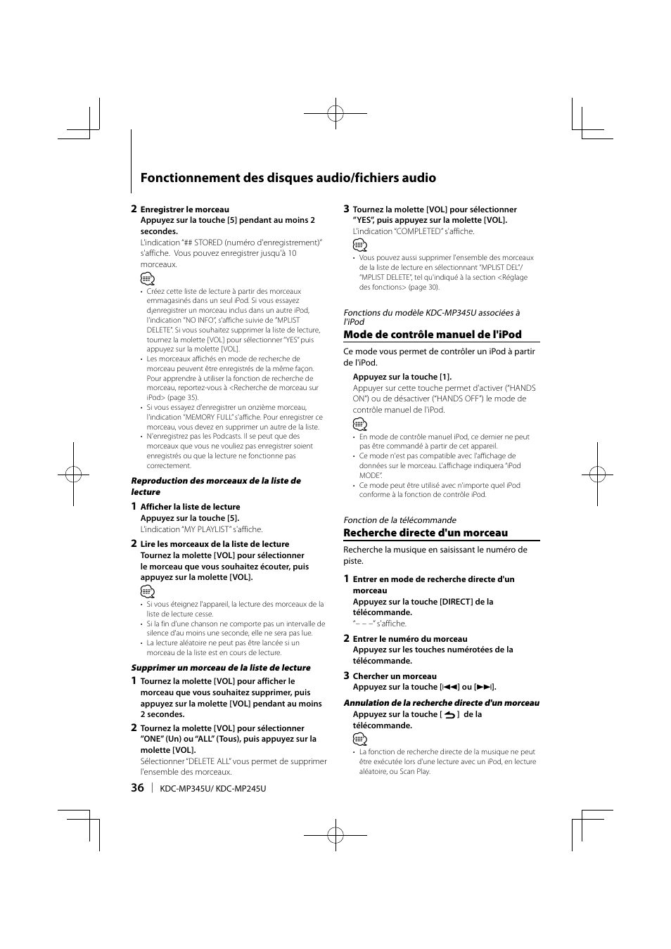 Fonctionnement des disques audio/fichiers audio | Kenwood KDC-MP345U User Manual | Page 36 / 68