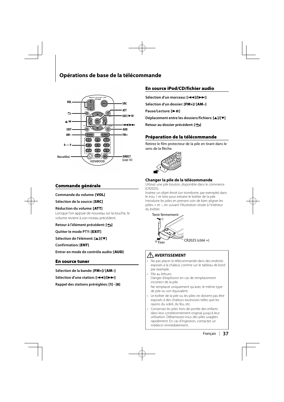 Opérations de base de la télécommande, Commande générale, En source tuner | En source ipod/cd/fichier audio, Préparation de la télécommande | Kenwood KDC-MP345U User Manual | Page 37 / 68