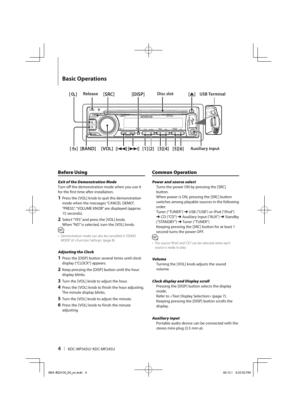 Basic operations | Kenwood KDC-MP345U User Manual | Page 4 / 68