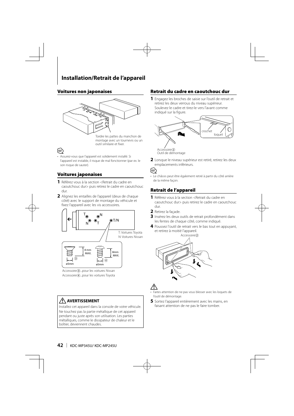 Installation/retrait de l’appareil | Kenwood KDC-MP345U User Manual | Page 42 / 68