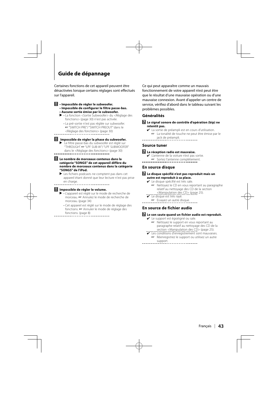 Guide de dépannage | Kenwood KDC-MP345U User Manual | Page 43 / 68
