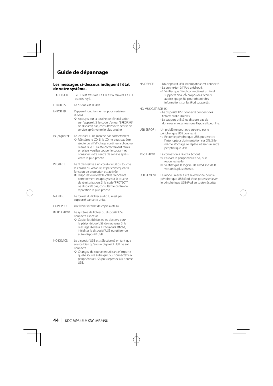 Guide de dépannage | Kenwood KDC-MP345U User Manual | Page 44 / 68