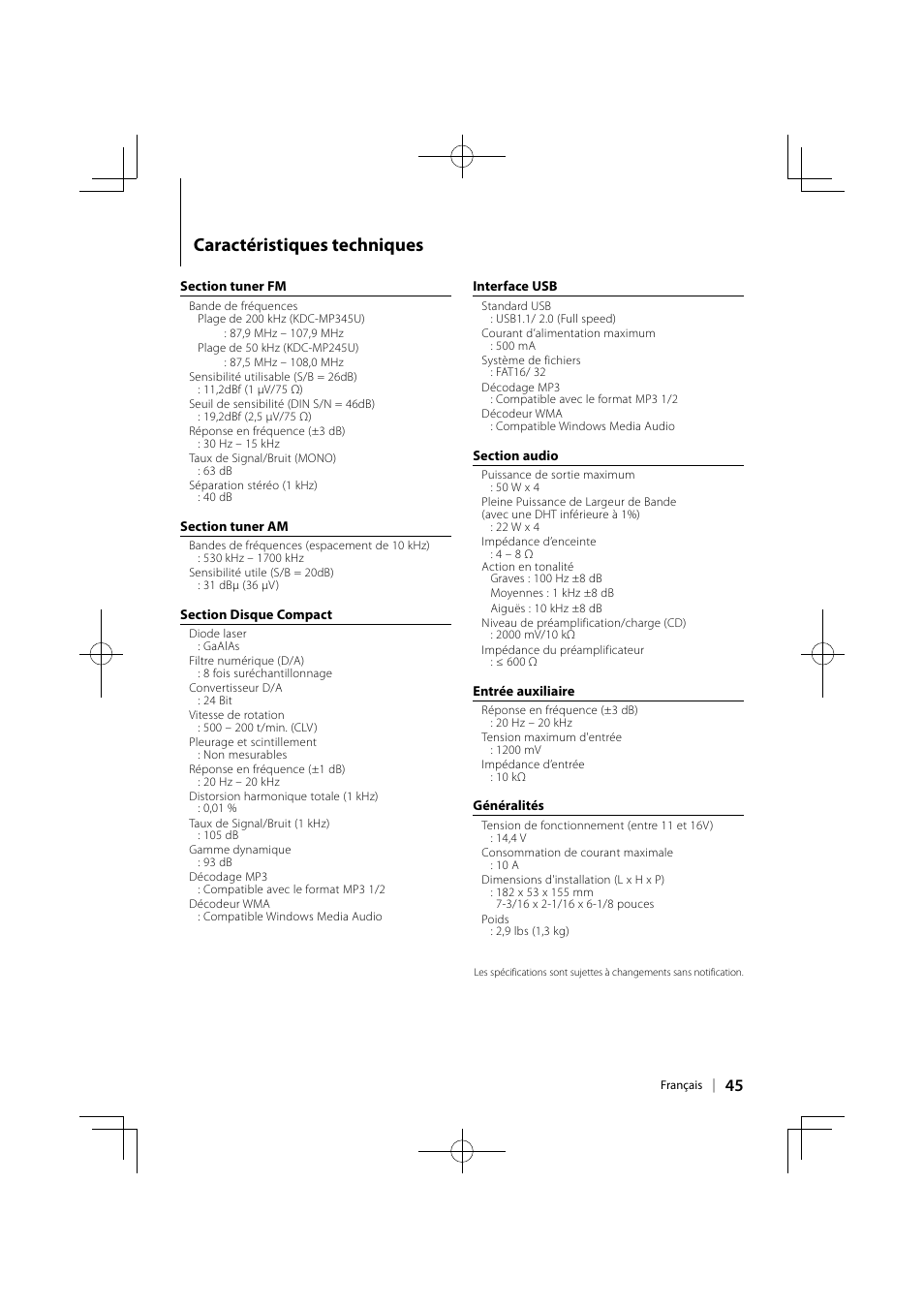 Caractéristiques techniques | Kenwood KDC-MP345U User Manual | Page 45 / 68