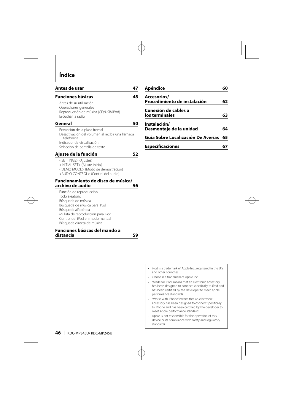 Índice | Kenwood KDC-MP345U User Manual | Page 46 / 68