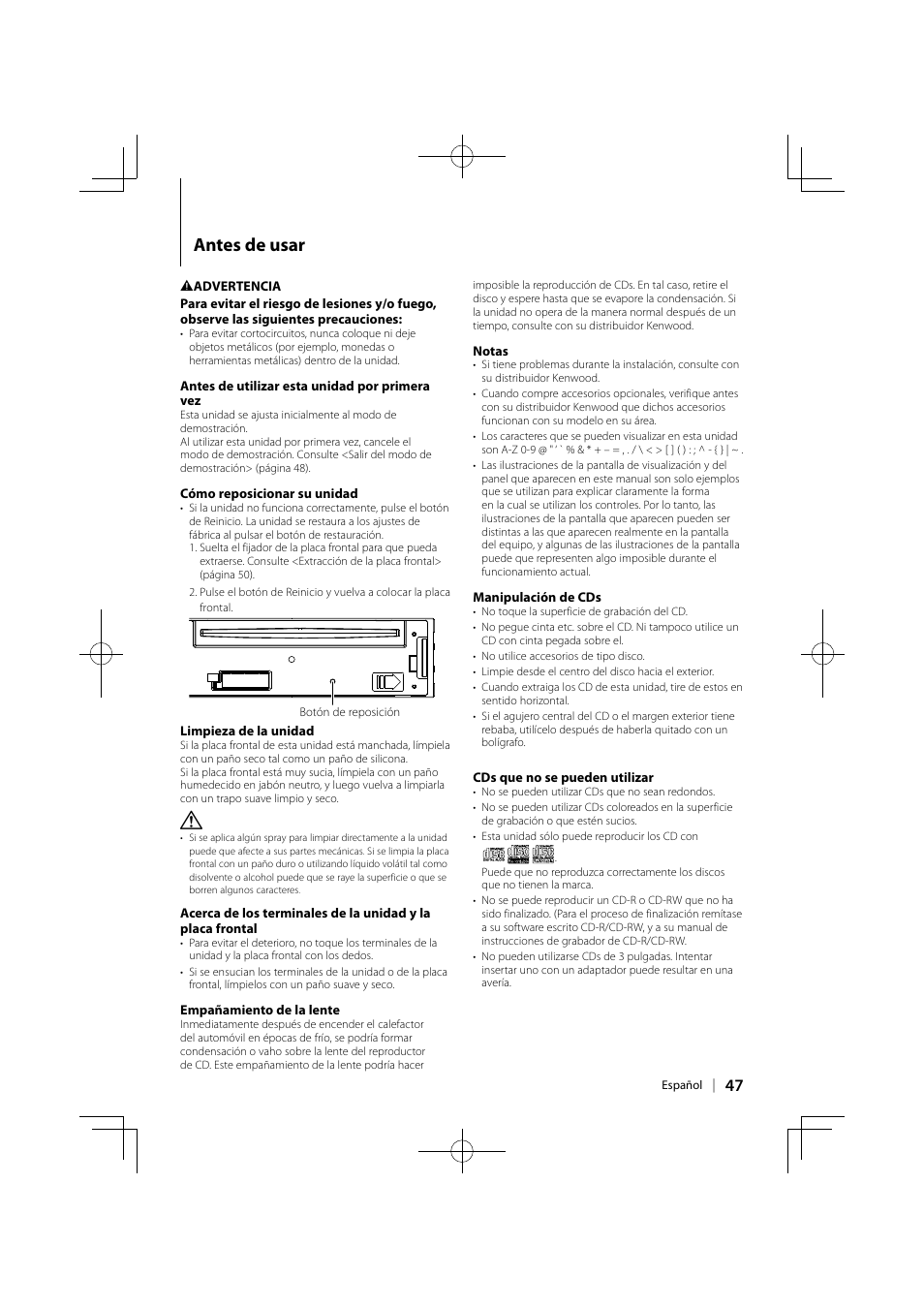 Antes de usar | Kenwood KDC-MP345U User Manual | Page 47 / 68