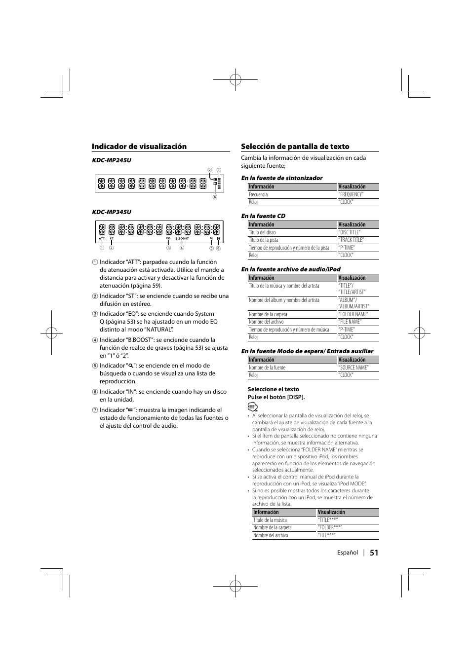 Indicador de visualización, Selección de pantalla de texto | Kenwood KDC-MP345U User Manual | Page 51 / 68