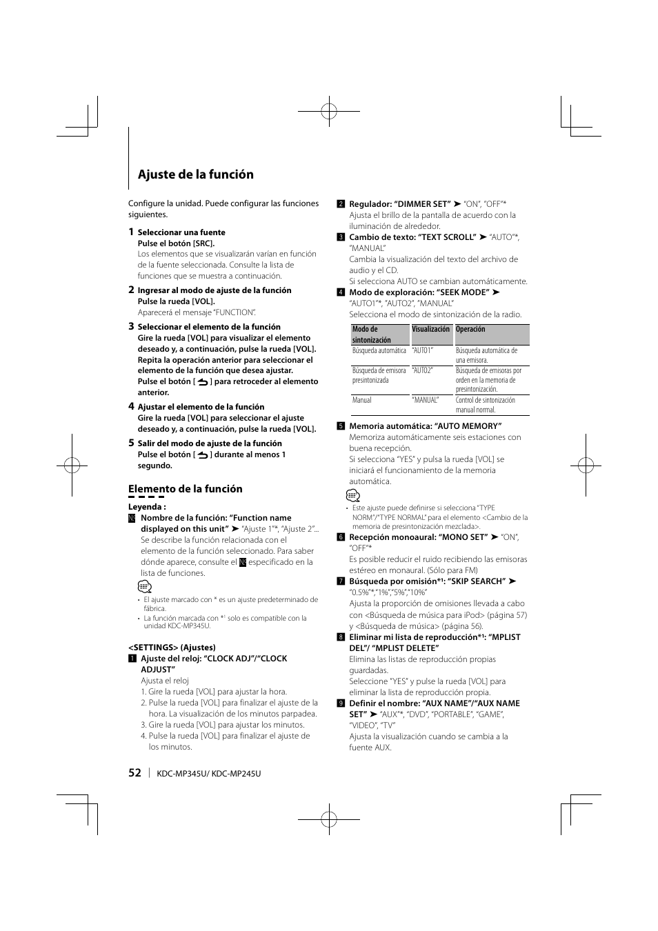 Ajuste de la función | Kenwood KDC-MP345U User Manual | Page 52 / 68