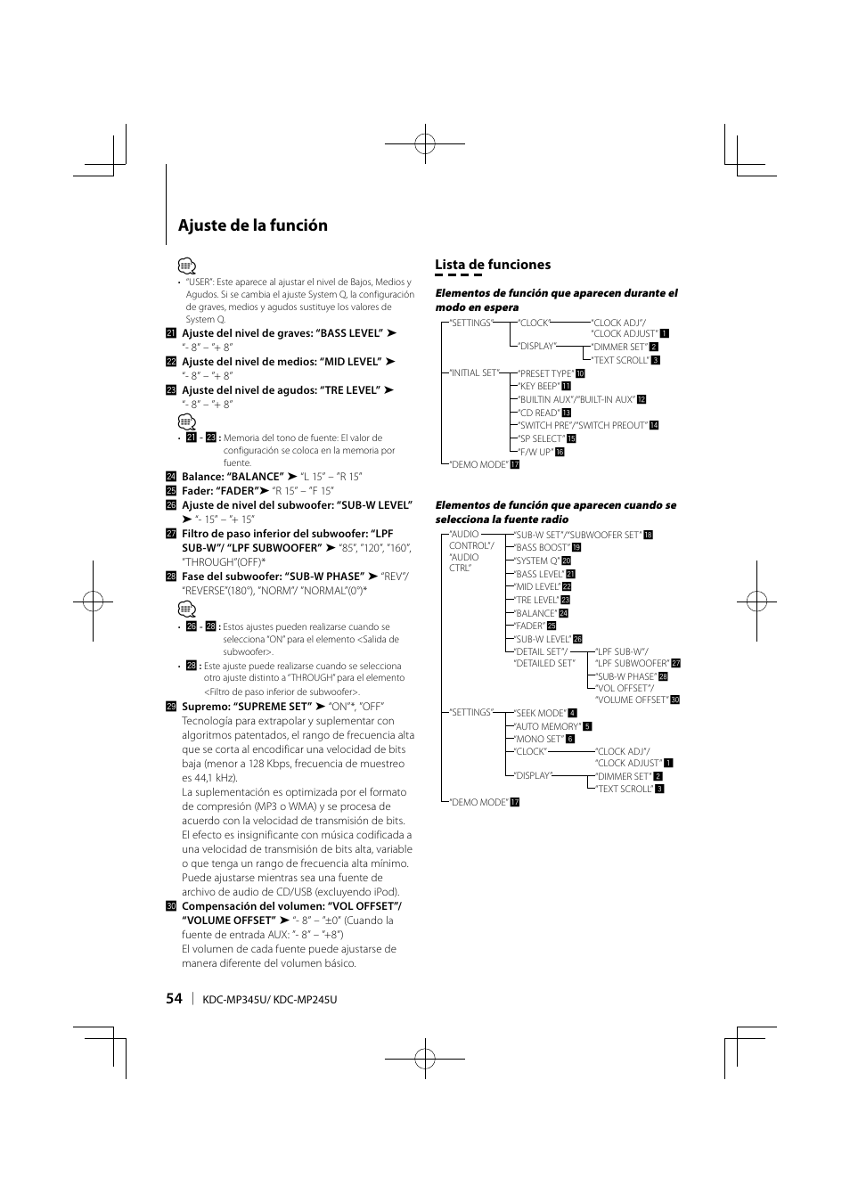 Ajuste de la función, Lista de funciones | Kenwood KDC-MP345U User Manual | Page 54 / 68