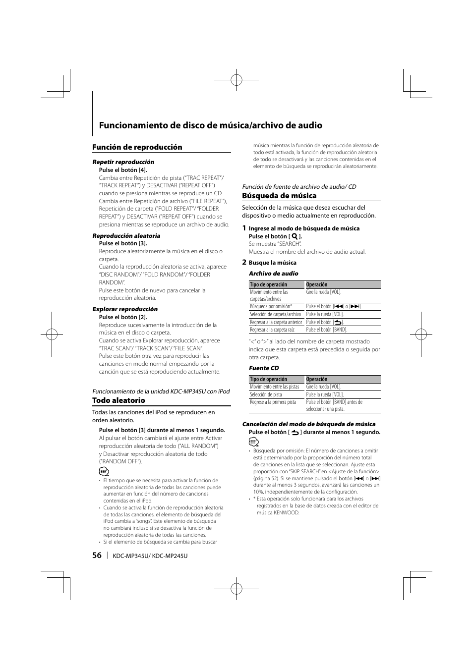 Funcionamiento de disco de música/archivo de audio | Kenwood KDC-MP345U User Manual | Page 56 / 68