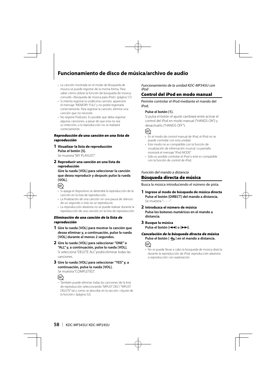 Funcionamiento de disco de música/archivo de audio | Kenwood KDC-MP345U User Manual | Page 58 / 68