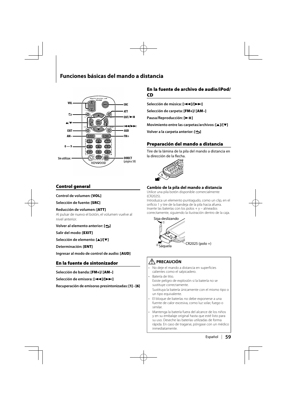 Funciones básicas del mando a distancia, Control general, En la fuente de sintonizador | En la fuente de archivo de audio/ipod/ cd, Preparación del mando a distancia | Kenwood KDC-MP345U User Manual | Page 59 / 68