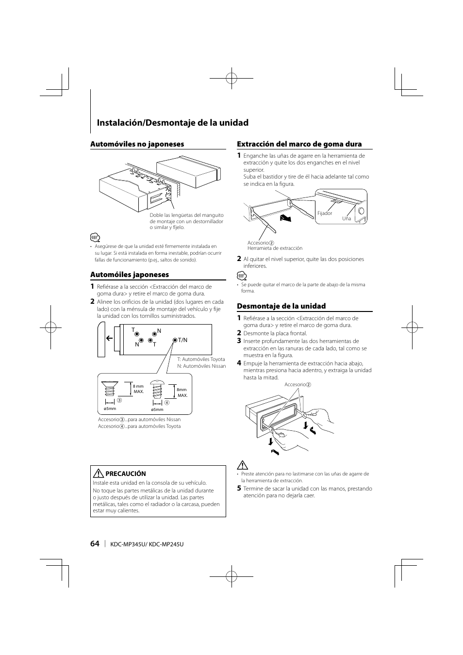 Instalación/desmontaje de la unidad | Kenwood KDC-MP345U User Manual | Page 64 / 68