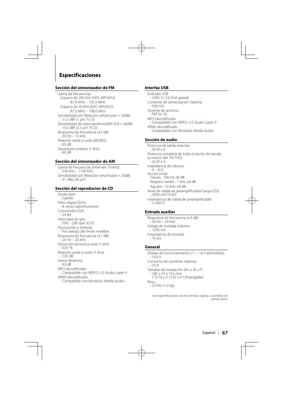 Especificaciones | Kenwood KDC-MP345U User Manual | Page 67 / 68