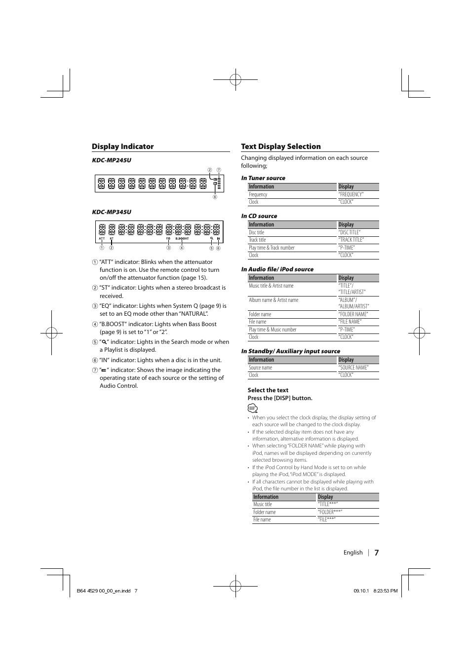 Display indicator, Text display selection | Kenwood KDC-MP345U User Manual | Page 7 / 68
