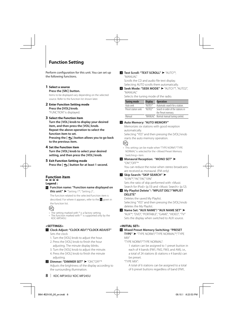 Function setting, Function item | Kenwood KDC-MP345U User Manual | Page 8 / 68
