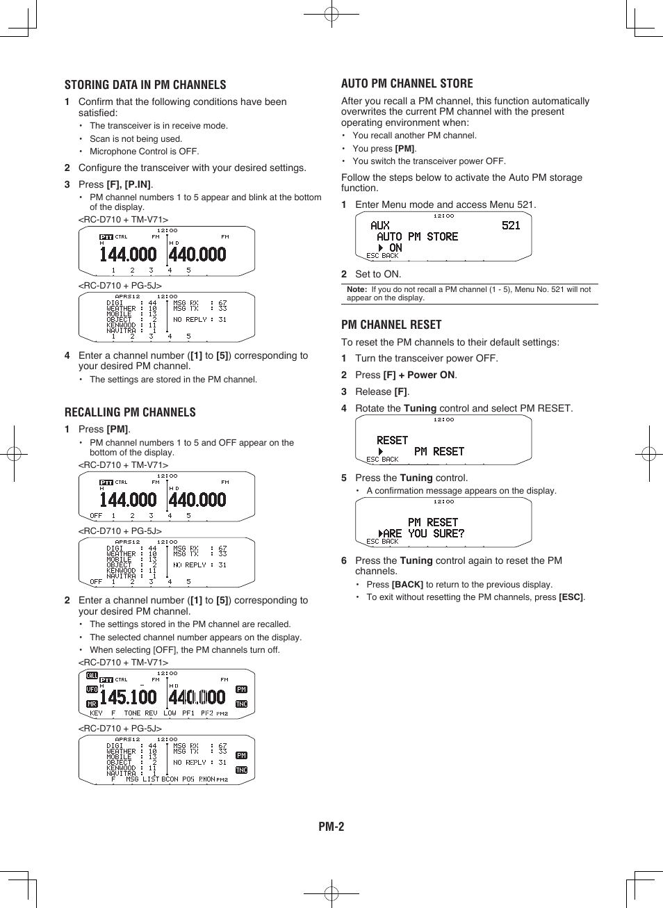 Pm- auto pm channel store, Pm channel reset, Storing data in pm channels | Recalling pm channels | Kenwood RC-D710 User Manual | Page 13 / 66