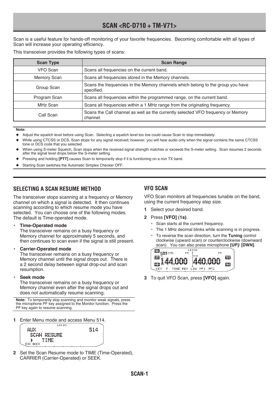 Selecting a scan resume method, Vfo scan, Scan-1 | Kenwood RC-D710 User Manual | Page 14 / 66