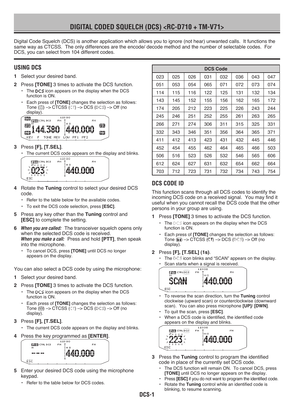 Using dcs, Dcs code id, Dcs-1 | Kenwood RC-D710 User Manual | Page 20 / 66