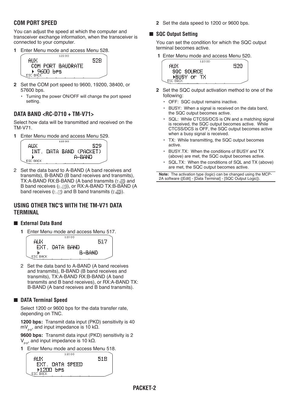 Packet- com port speed, Data band <rc-d70 + tm-v7, Using other tnc's with the tm-v7 data terminal | Kenwood RC-D710 User Manual | Page 32 / 66