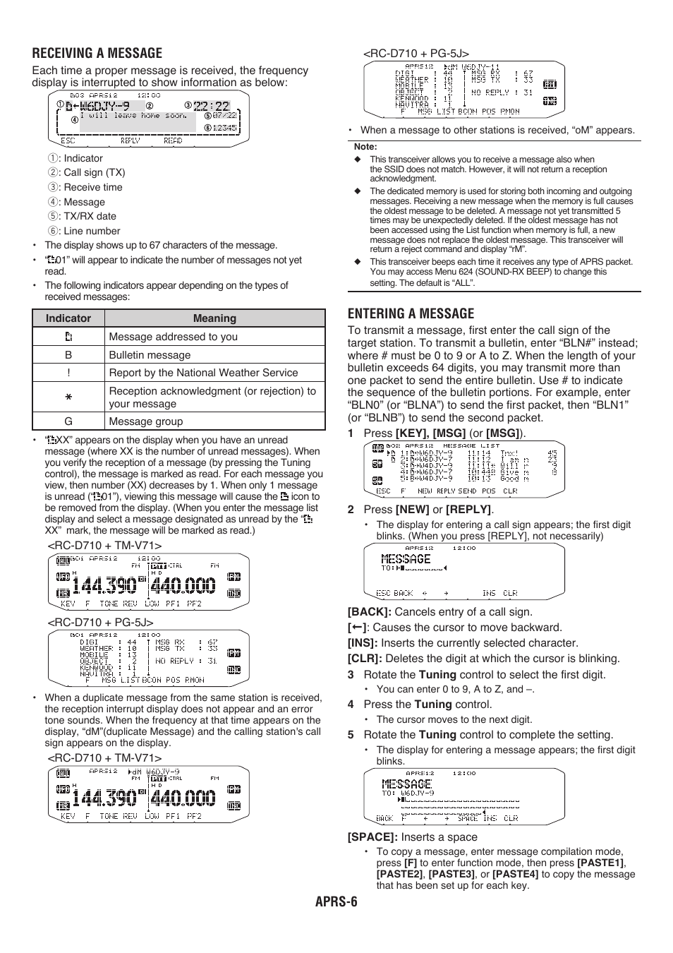 Aprs- receiving a message, Entering a message | Kenwood RC-D710 User Manual | Page 43 / 66