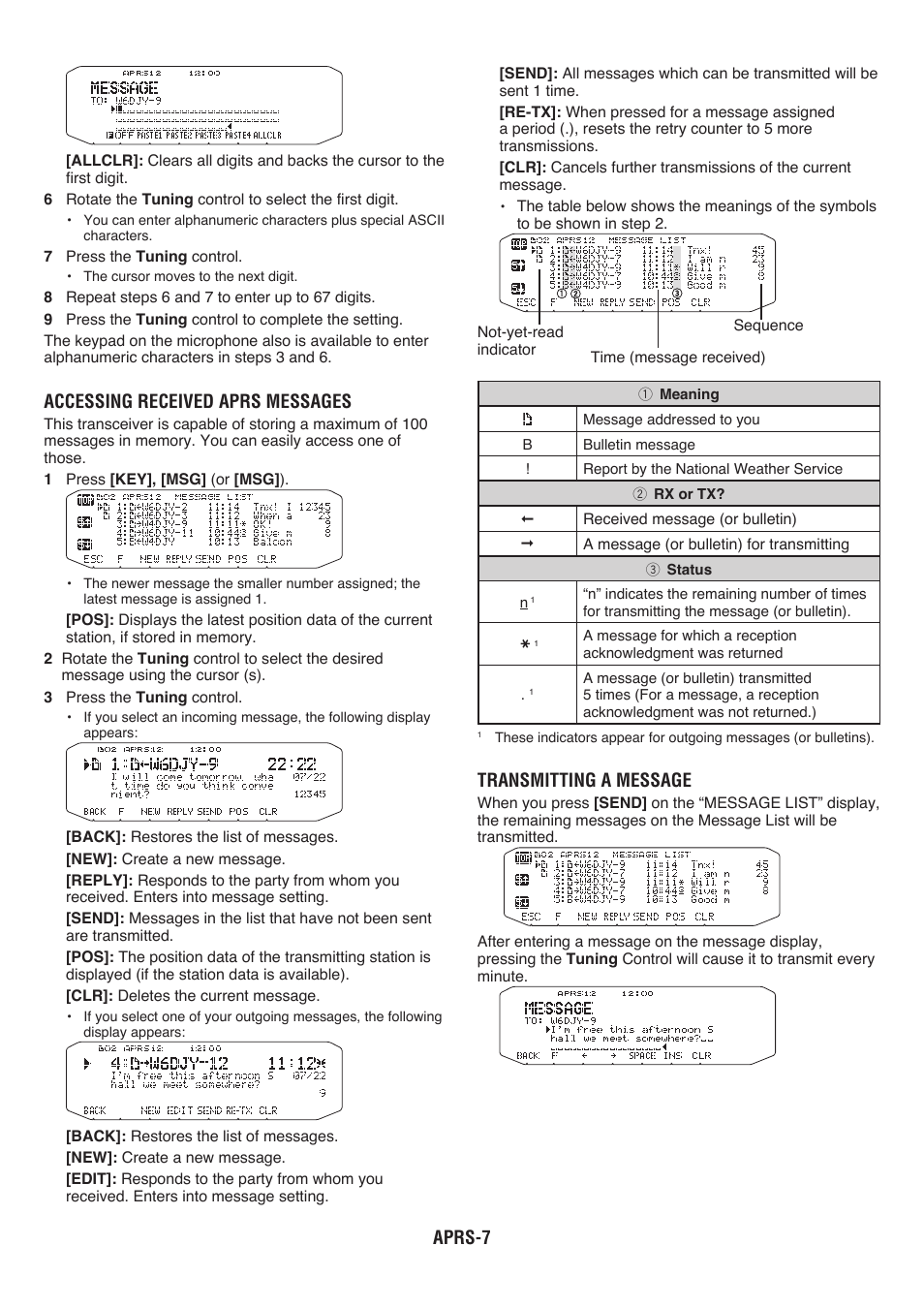 Aprs, Accessing received aprs messages, Transmitting a message | Kenwood RC-D710 User Manual | Page 44 / 66