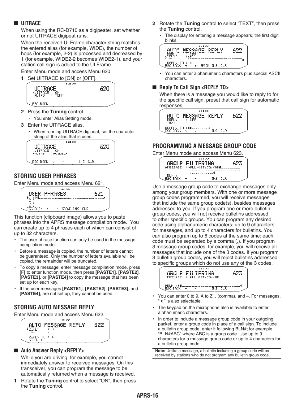 Aprs, Storing user phrases, Storing auto message reply | Programming a message group code | Kenwood RC-D710 User Manual | Page 53 / 66