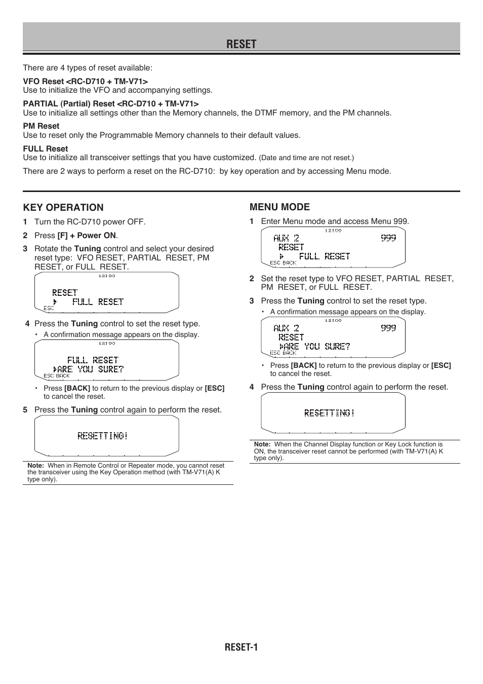 Reset, Key operation, Menu mode | Kenwood RC-D710 User Manual | Page 57 / 66