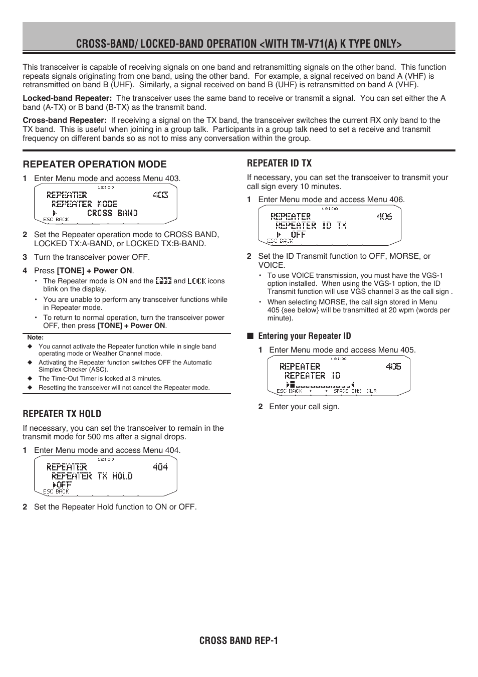 Repeater operation mode, Repeater tx hold, Repeater id tx | Cross band rep-1 | Kenwood RC-D710 User Manual | Page 61 / 66