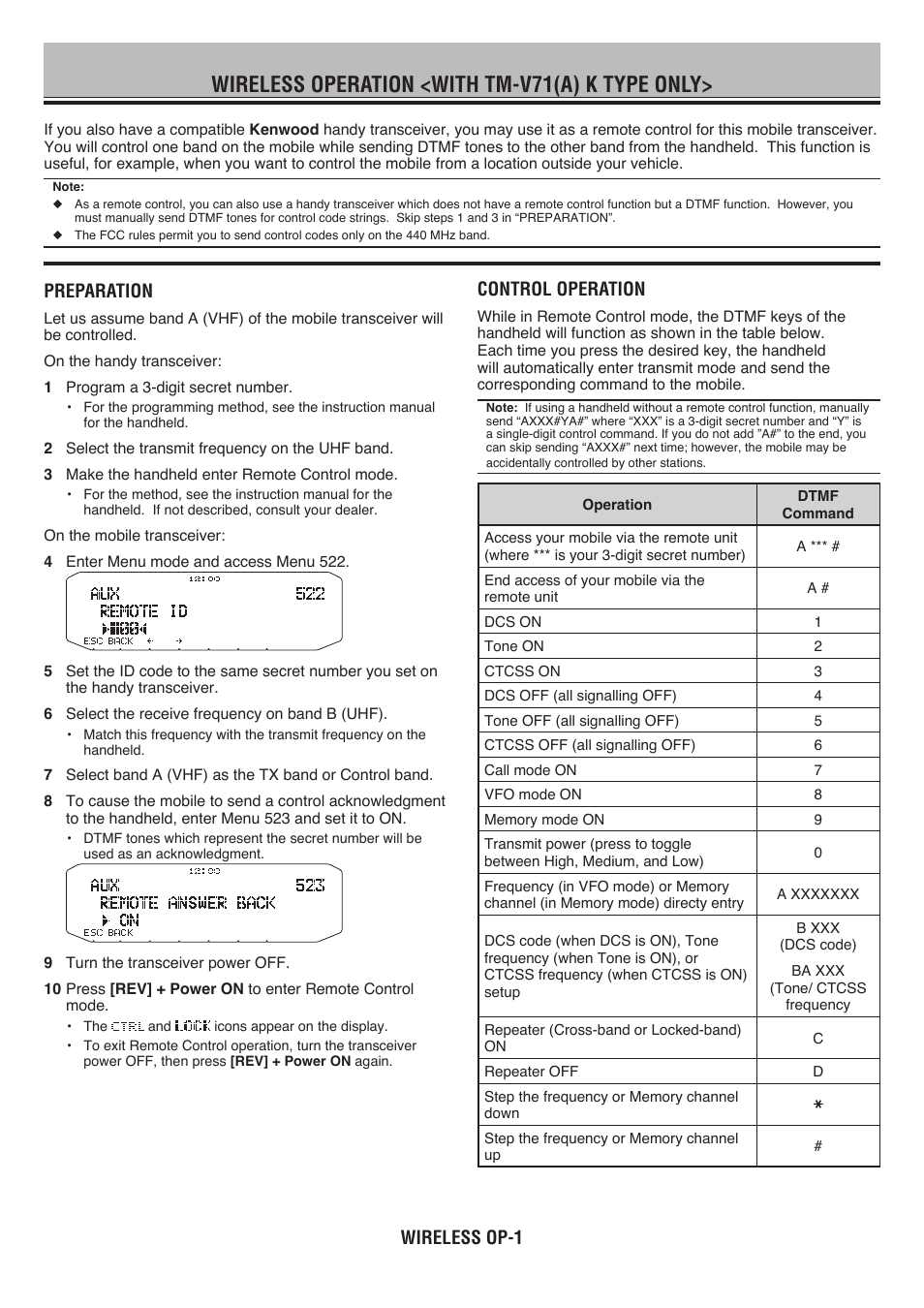 Wireless operation <with tm-v71(a) k type only, Preparation, Control operation | Wireless op-1 | Kenwood RC-D710 User Manual | Page 62 / 66