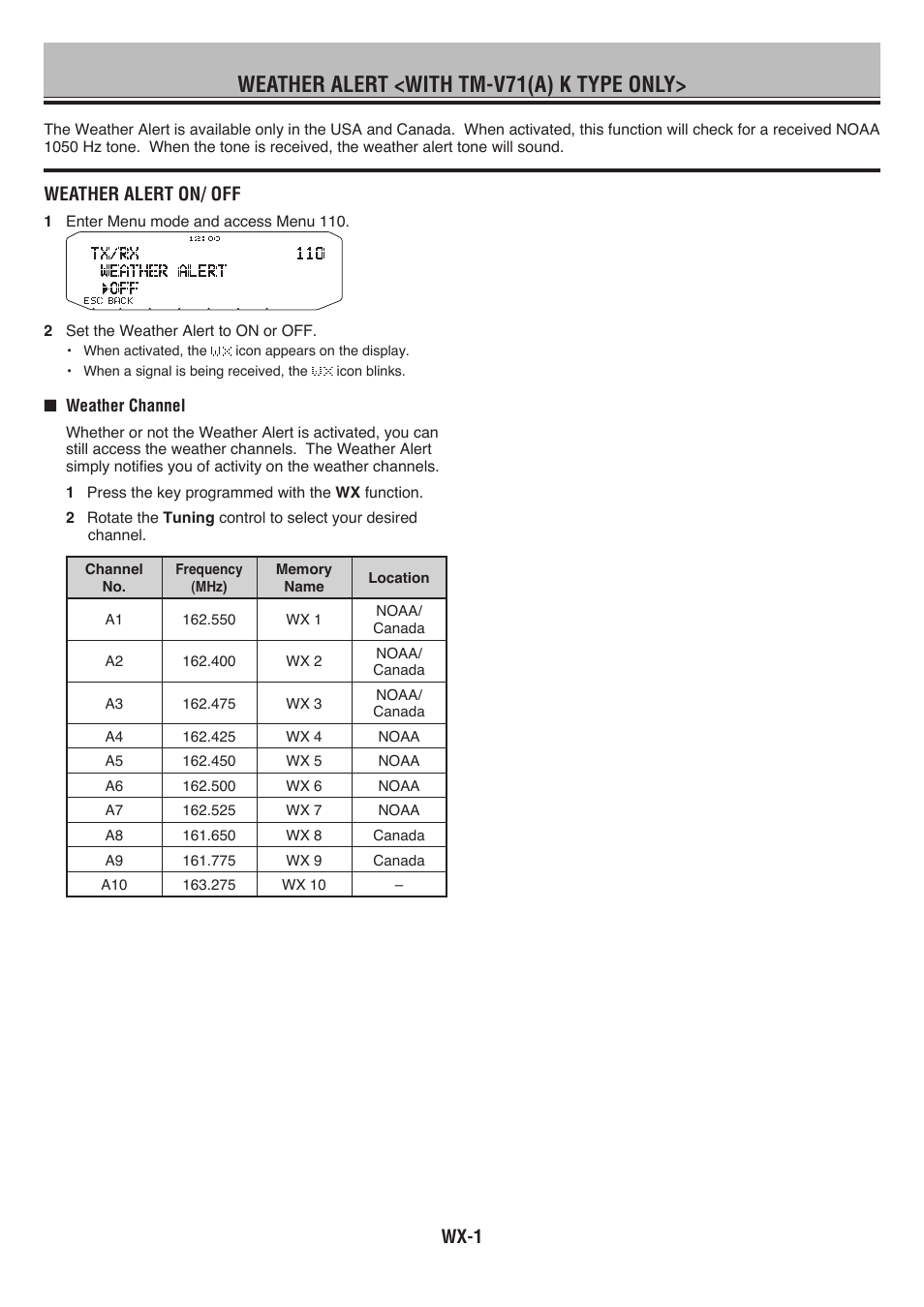 Weather alert <with tm-v71(a) k type only, Weather alert on/ off, Wx-1 | Kenwood RC-D710 User Manual | Page 63 / 66
