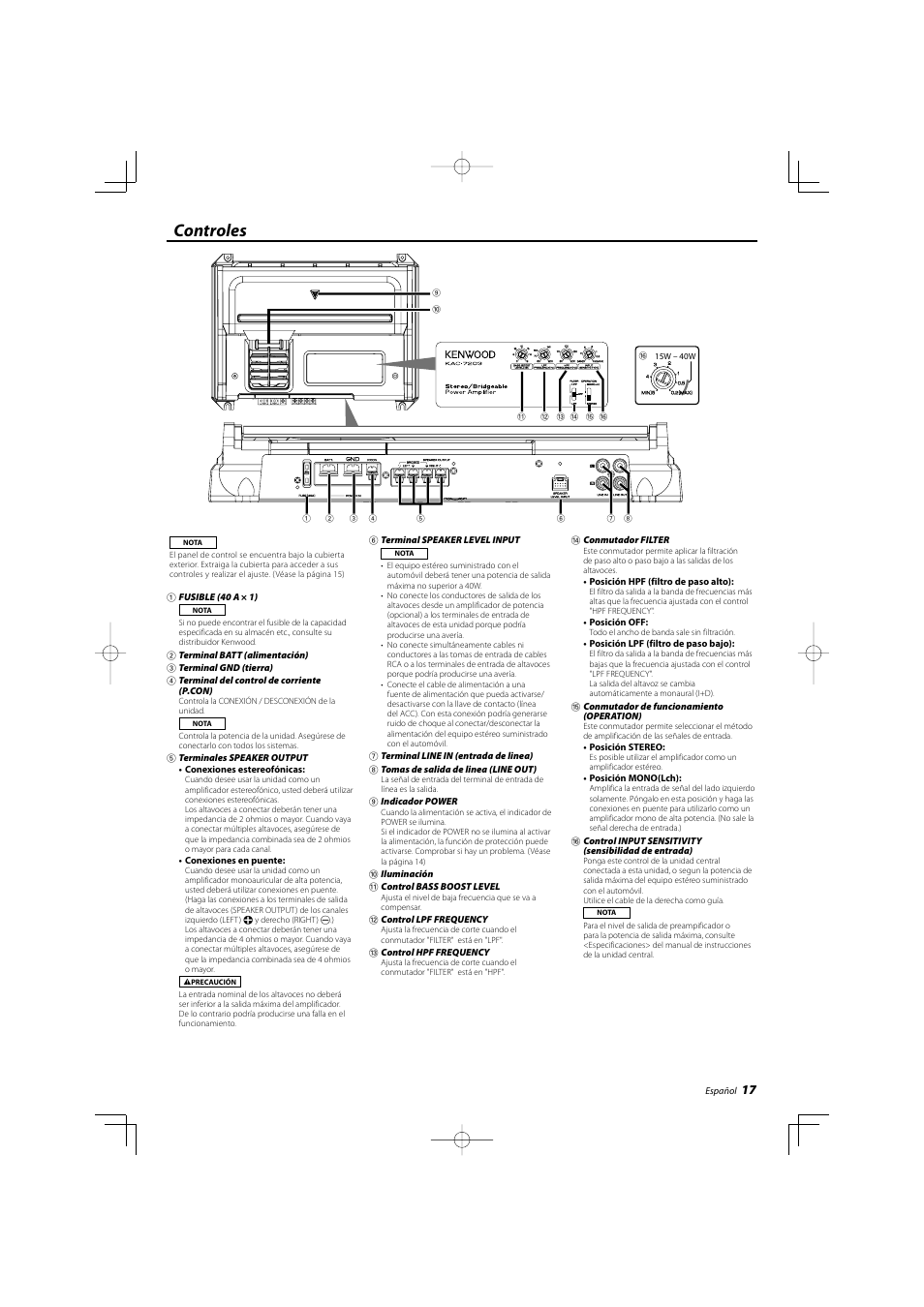 Controles | Kenwood KAC-7203 User Manual | Page 17 / 20