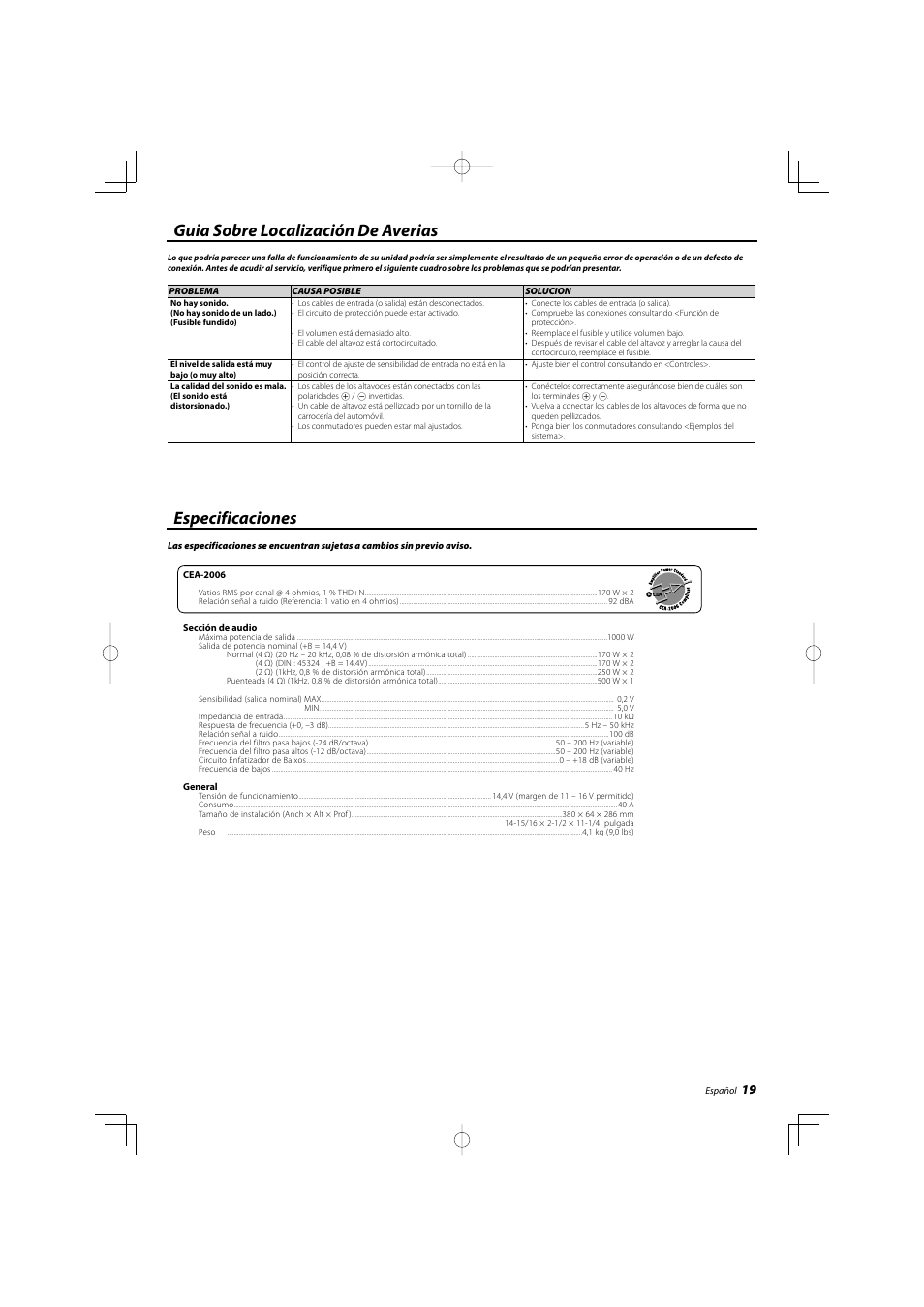 Guia sobre localización de averias, Especificaciones | Kenwood KAC-7203 User Manual | Page 19 / 20