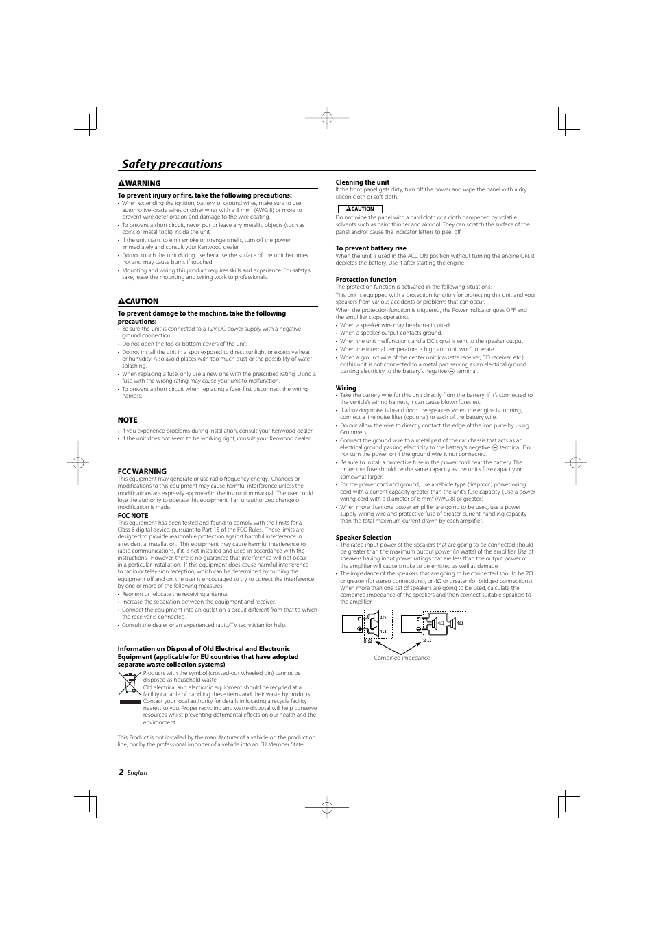 Safety precautions | Kenwood KAC-7203 User Manual | Page 2 / 20