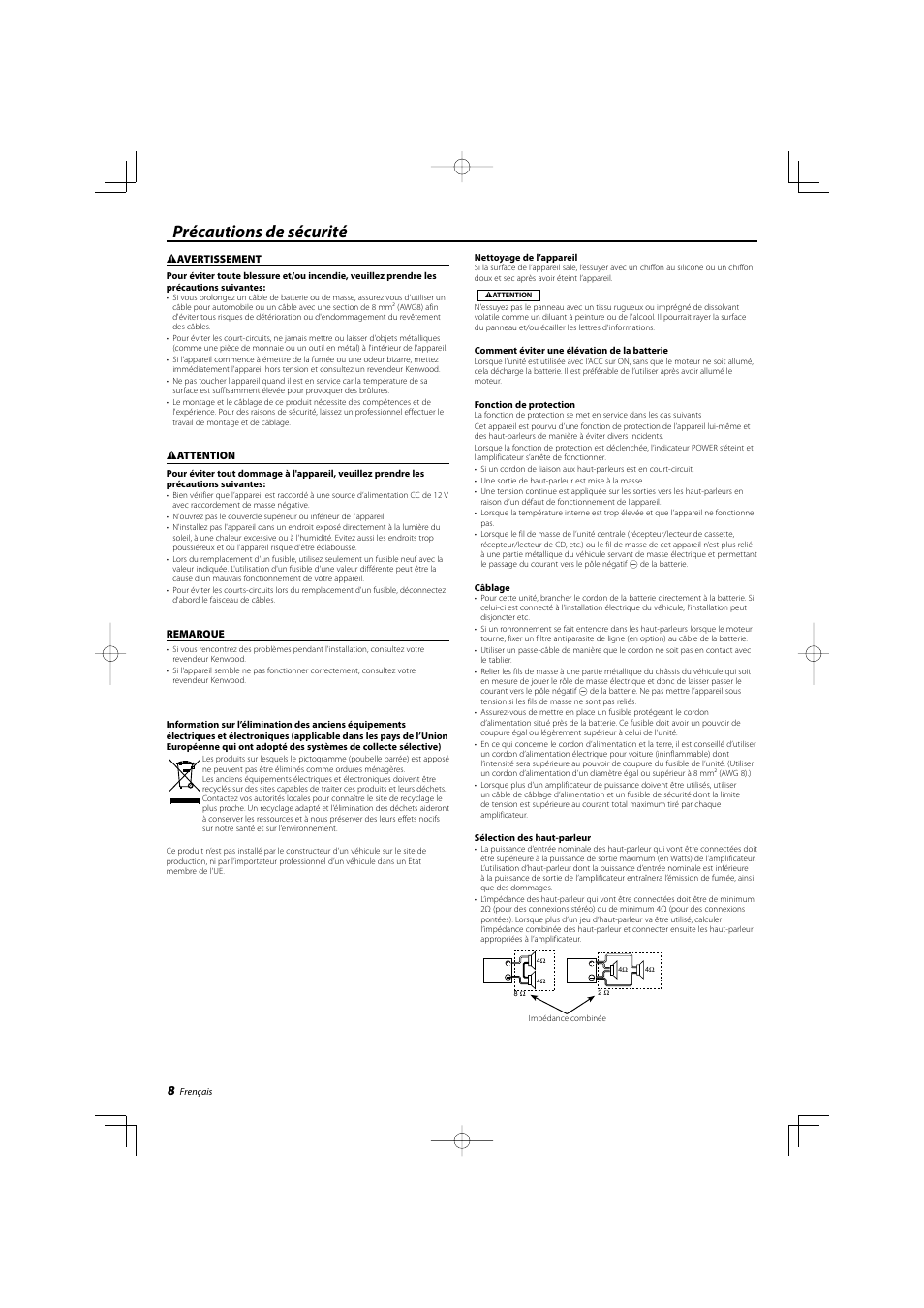 Précautions de sécurité | Kenwood KAC-7203 User Manual | Page 8 / 20