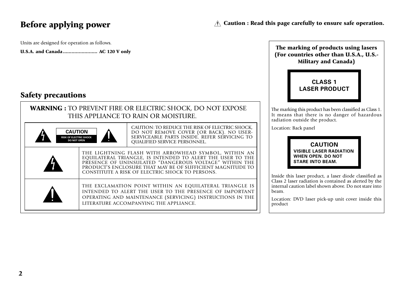 Before applying power, Safety precautions | Kenwood DV-6050 User Manual | Page 2 / 68
