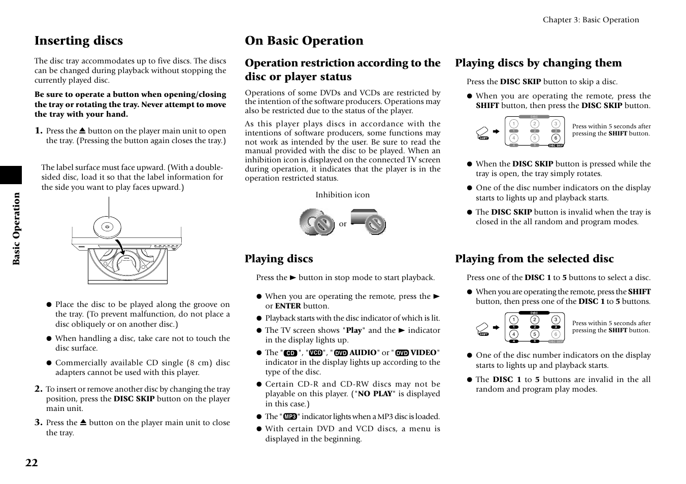 Inserting discs, On basic operation, Playing discs | Playing discs by changing them, Playing from the selected disc | Kenwood DV-6050 User Manual | Page 22 / 68