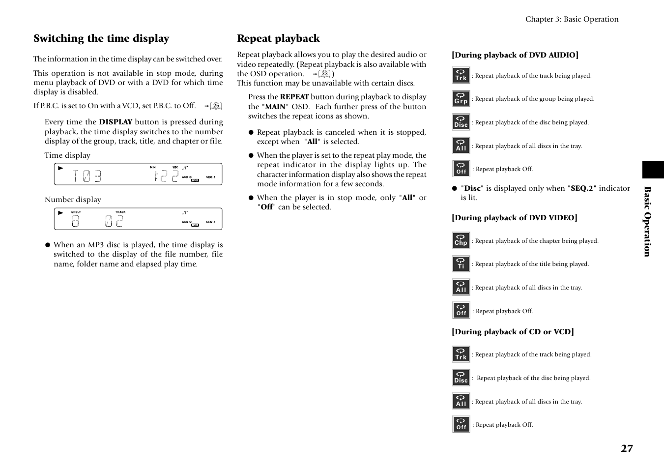 Switching the time display, Repeat playback | Kenwood DV-6050 User Manual | Page 27 / 68